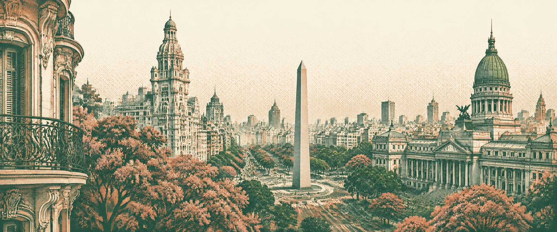 Ilustración en semitono de Buenos Aires con el Obelisco y el Congreso